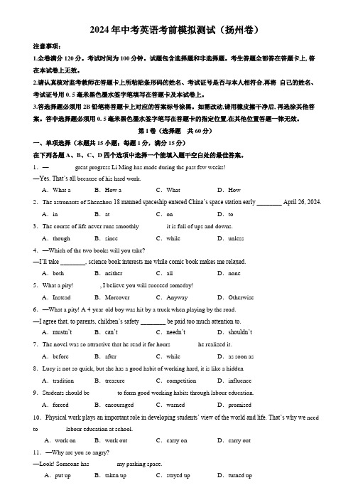 2024年江苏省扬州市中考英语考前模拟测试(含解析)