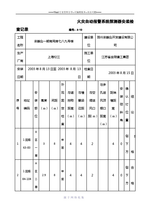 火灾自动报警系统探测器安装检查记录-编号：A-10