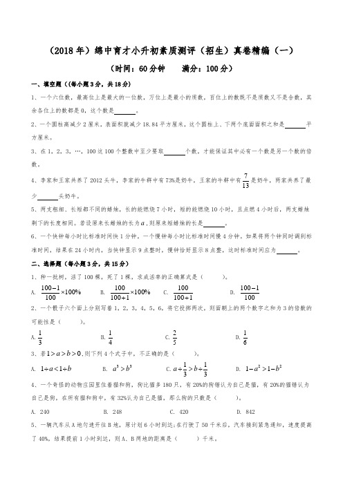 (2018年)绵阳中学育才学校小升初招生真卷精编(一)