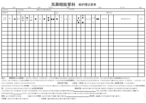 耳鼻喉护理组一般护理记录单正面