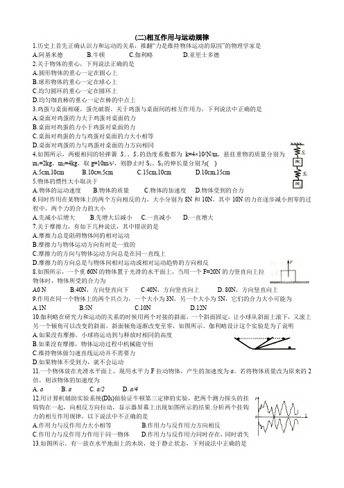 2019年辽宁省普通高中学生学业水平考试物理试题 (二)相互作用与运动规律