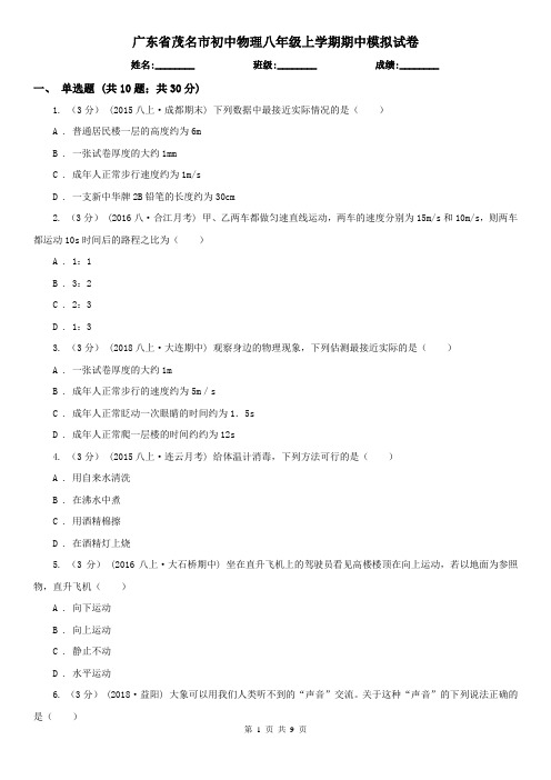 广东省茂名市初中物理八年级上学期期中模拟试卷
