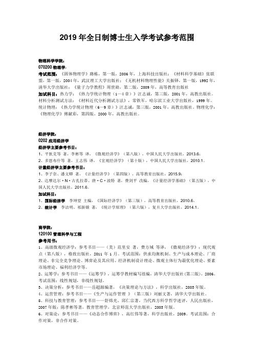 2019年青岛大学全日制博士研究生招生考试参考范围