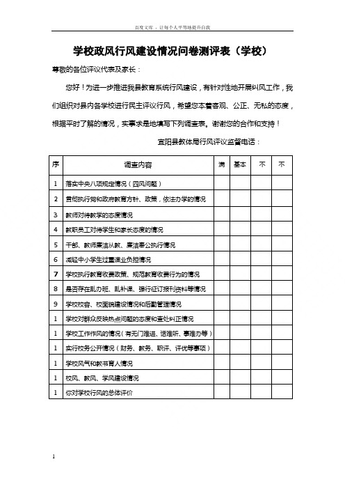 宜阳县教育系统行风情况问卷调查表