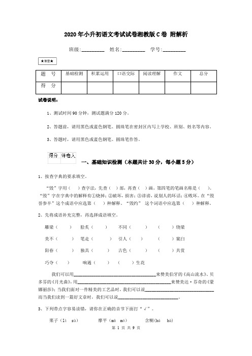 2020年小升初语文考试试卷湘教版C卷 附解析