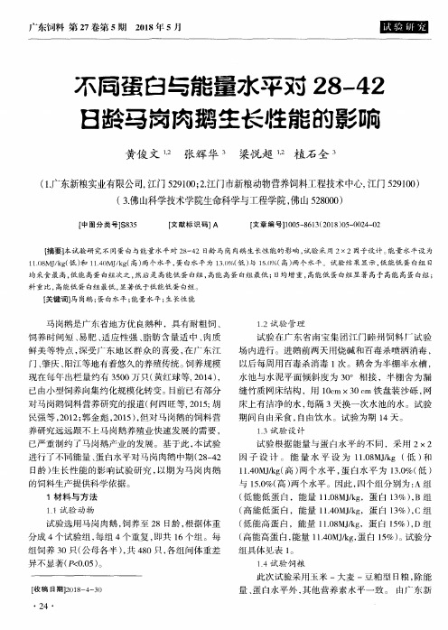 不同蛋白与能量水平对28-42日龄马岗肉鹅生长性能的影响