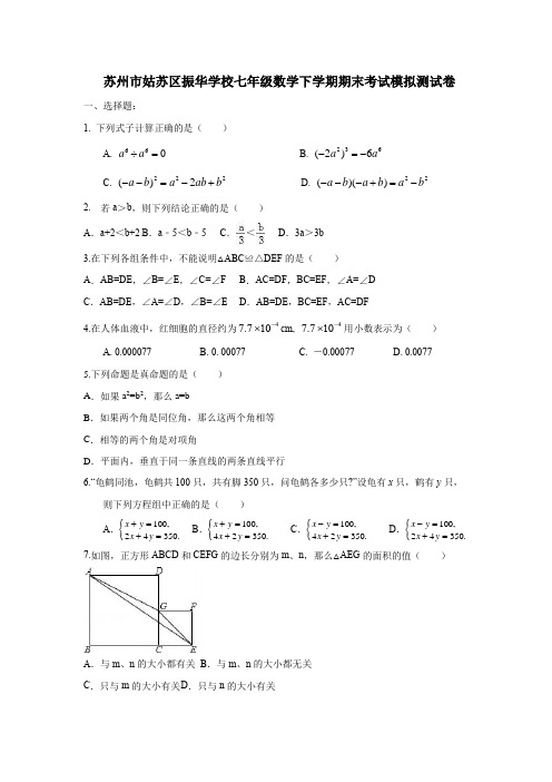 江苏省苏州市姑苏区振华学校七年级数学下学期期末考试模拟测试卷