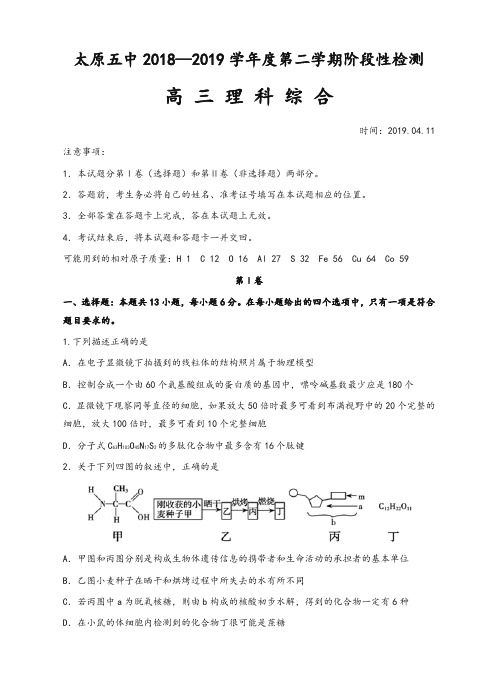 山西省太原市第五中学2019届高三下月考(4月)理科综合试卷及答案【精编】