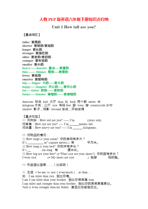 PEP人教小学英语六年级下册知识点归纳