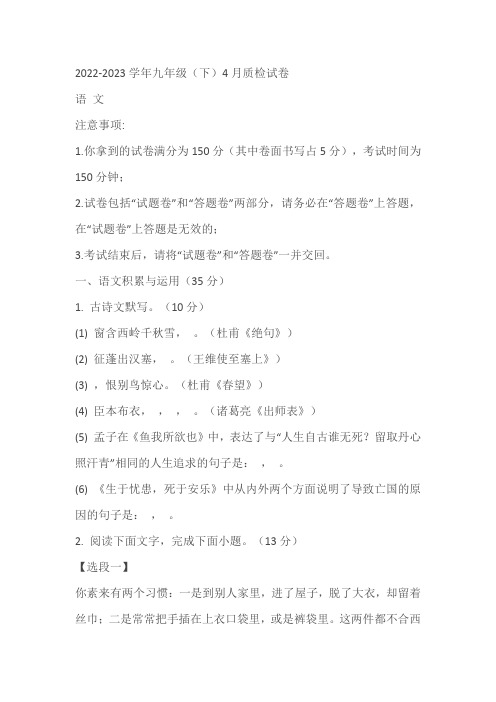 语文安徽省滁州市定远县青山初级中学2022-2023学年九年级下学期4月质检语文试卷(含答案)