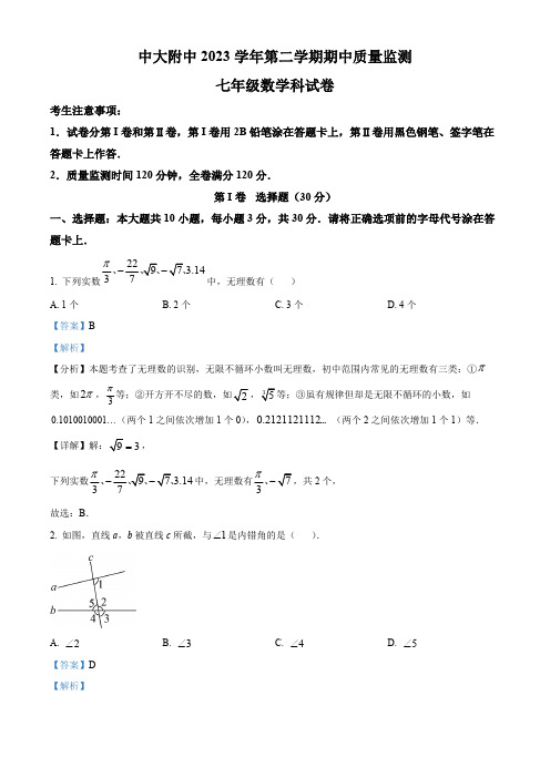 广东省广州市海珠区中山大学附属中学2023-2024学年七年级下学期期中数学试题(解析版)