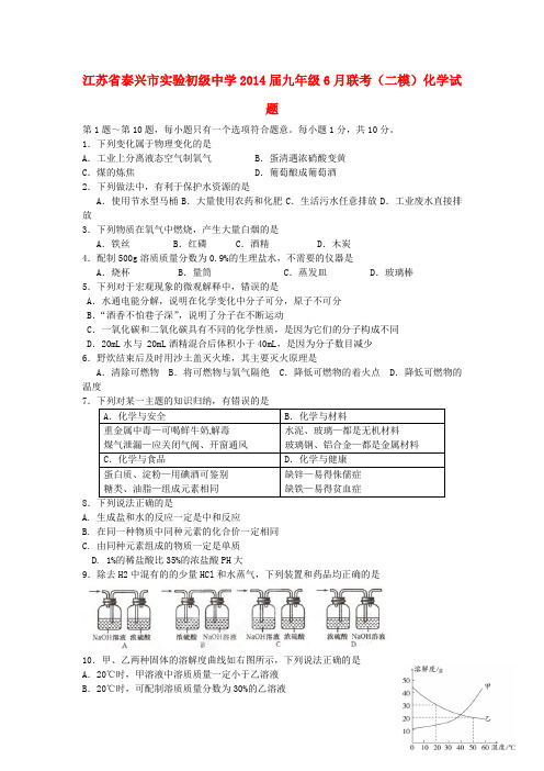 江苏省泰兴市实验初级中学九年级化学6月联考(二模)试