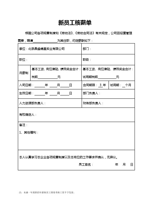 新员工核薪单