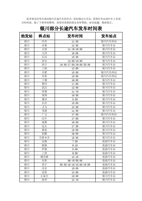 银川部分长途汽车发车时间表