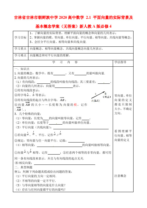 吉林省吉林市朝鲜族中学2020高中数学 2.1 平面向量的实际背景及基本概念学案(无答案)新人教A版必修4