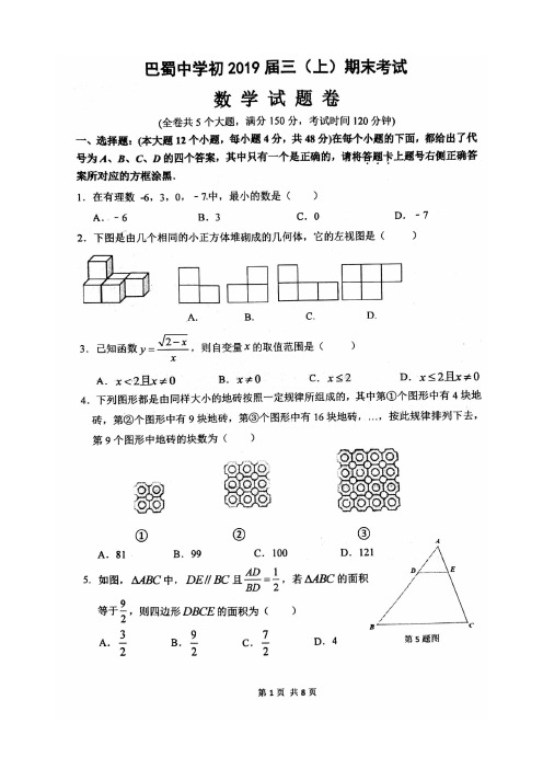 重庆巴蜀中学初2019届初三上期末试卷数学试题(扫描版含答案)