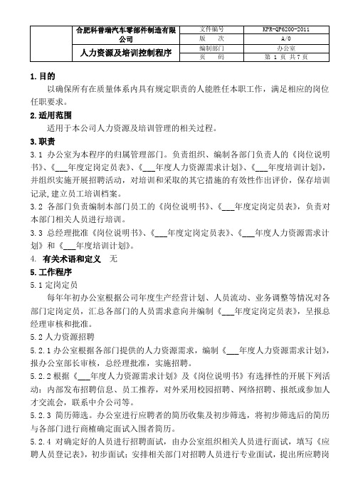 人力资源及培训控制程序