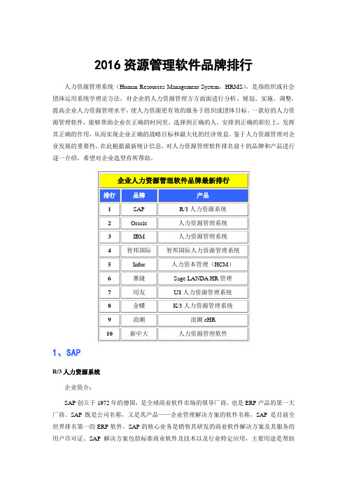 2016企业人力资源管理软件品牌排行