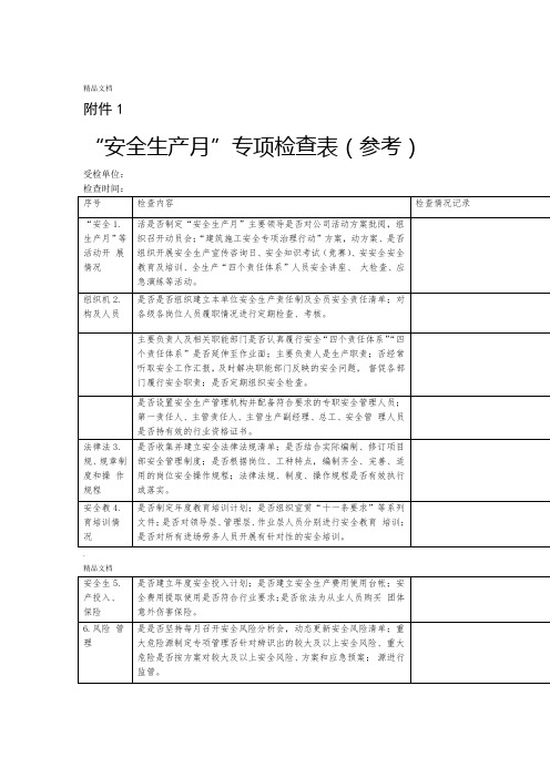 安全生产月专项检查表参考