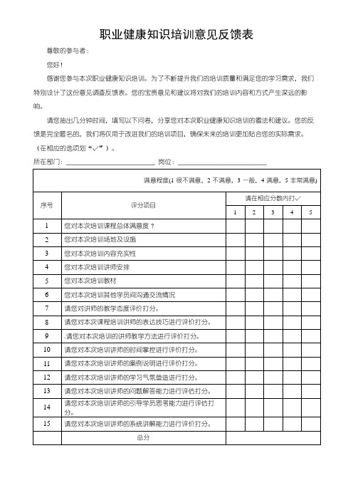 职业健康知识培训意见反馈表模板(可修改)