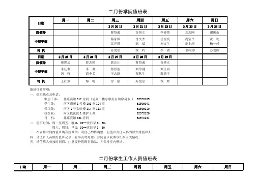 二月份学院值班表