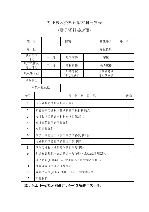 专业技术资格评审材料一览表