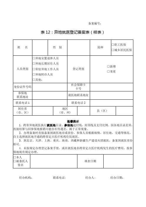 甘肃异地就医登记备案表(样表2020版)