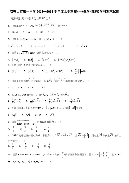 2017-2018学年黑龙江省双鸭山市第一中学高一上学期期末考试数学(理)试题