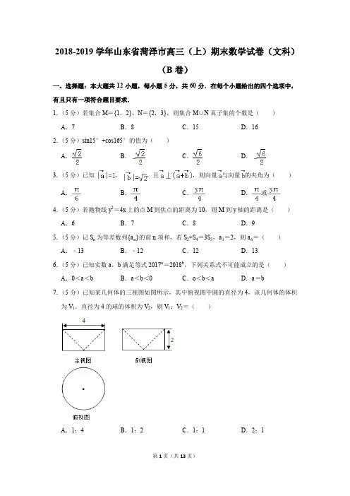 2018-2019学年山东省菏泽市高三(上)期末数学试卷(文科)(b卷)(解析版)