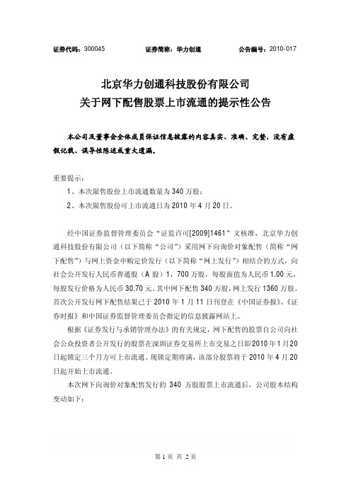 华力创通：关于网下配售股票上市流通的提示性公告 2010-04-19