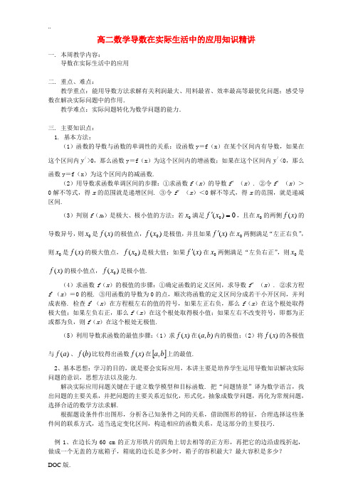 高二数学导数在实际生活中的应用知识精讲 苏教版