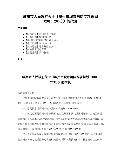 滨州市人民政府关于《滨州市城市消防专项规划(2018-2035)》的批复