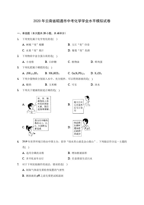 2020年云南省昭通市中考化学学业水平模拟试卷 (含答案解析)