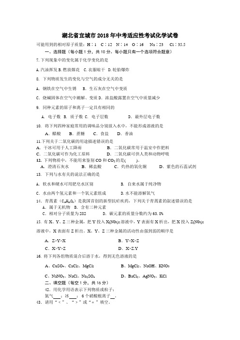 湖北省宜城市2018年中考适应性考试化学试卷