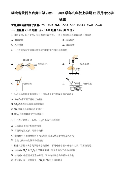 湖北省黄冈市启黄中学2023-—2024学年九年级上学期12月月考化学试题(解析版)