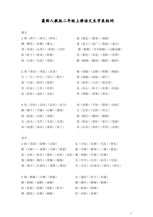 人教版二年级上册语文生字表组词