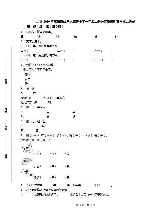 2018-2019年常州市武进区城东小学一年级上册语文模拟期末考试无答案