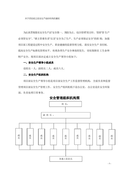 关于项目成立安全生产组织机构的通知