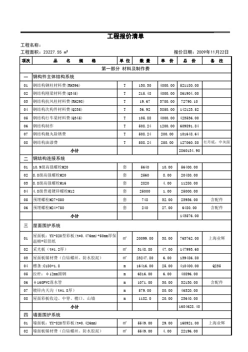 杭州某某公司钢结构厂房报价单