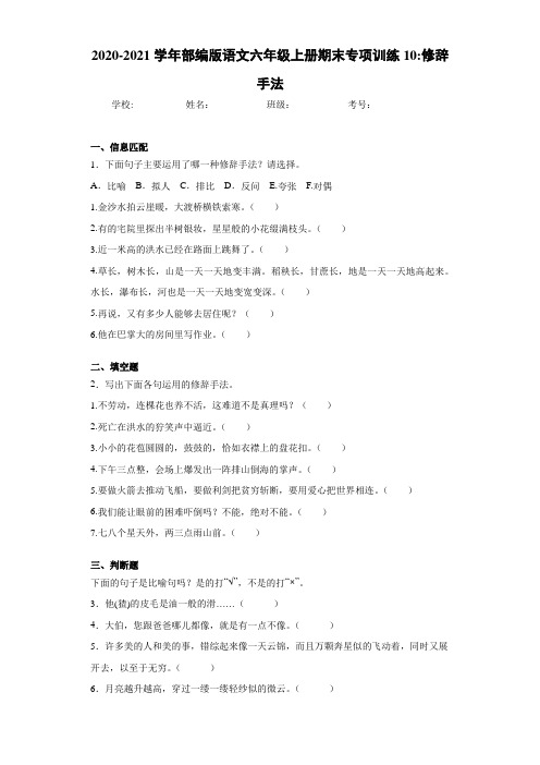 2020-2021学年部编版语文六年级上册期末专项训练10：修辞手法