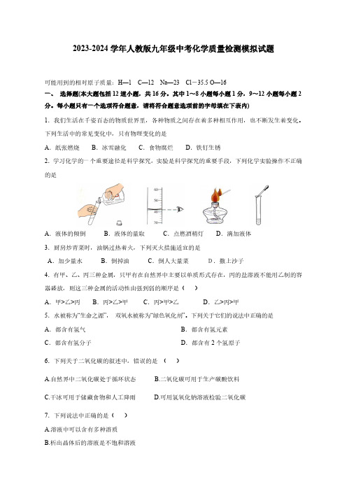 2023-2024学年人教版九年级中考化学学情检测模拟试题(含答案)