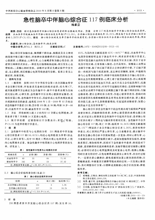 急性脑卒中伴脑心综合征117例临床分析