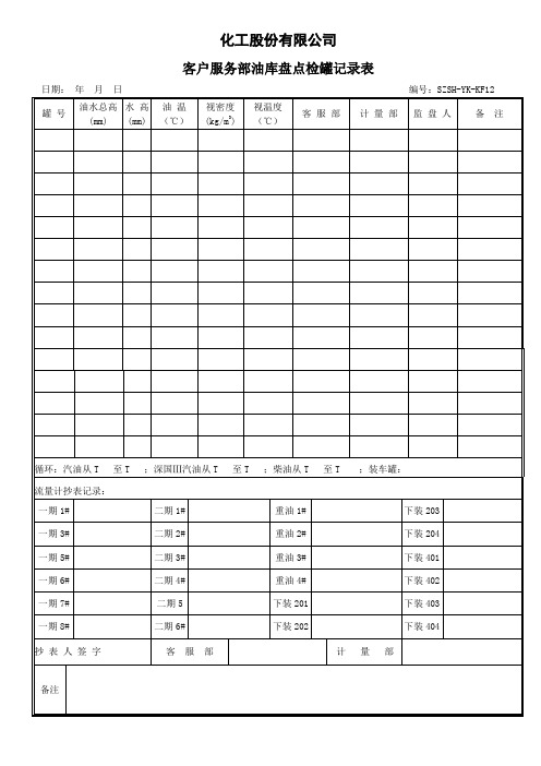 化工股份有限公司客户服务部油库盘点检罐记录表