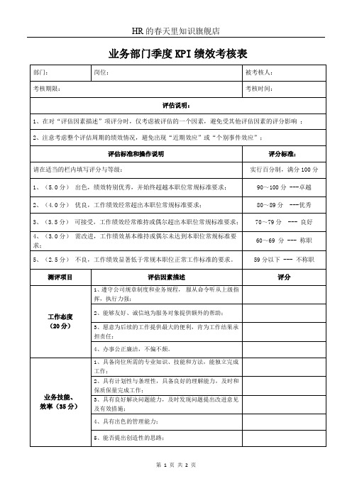 业务部门季度KPI绩效考核表