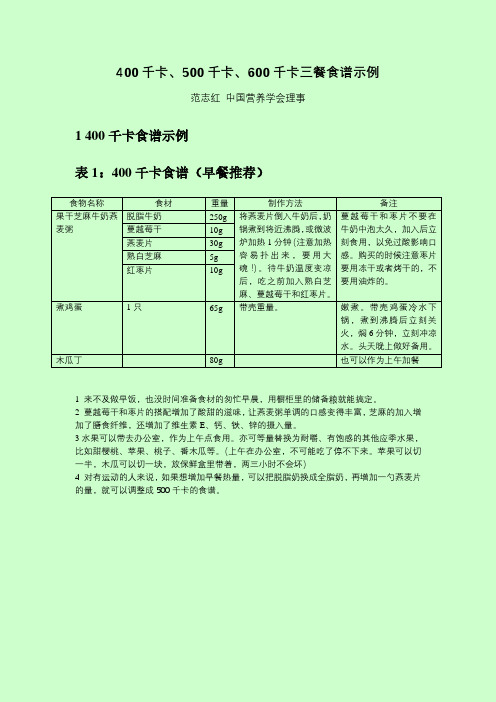 400千卡、500千卡、600千卡三餐食谱示例