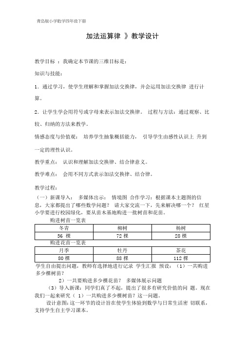 小学数学_加法运算律教学设计学情分析教材分析课后反思