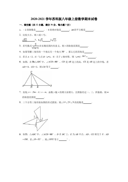 2020-2021学年苏科版八年级上册数学期末试卷(有答案)