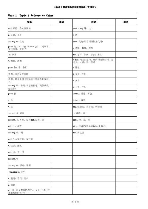 七年级上册英语单词表背诵和默写训练(仁爱版)-可直接打印