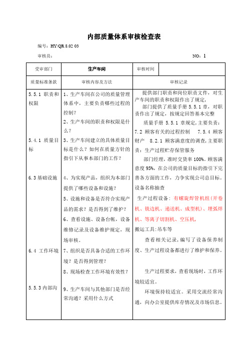 内部质量体系审核检查表 生产车间