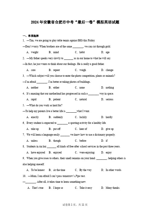 2024年安徽省合肥市中考“最后一卷”模拟英语试题